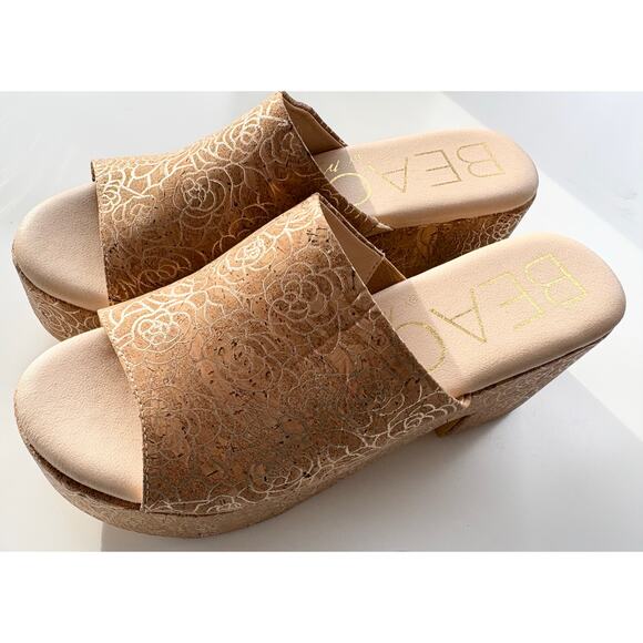 Matisse Terry Sandals Size 8M Platform Slide Open Toe Cork Gold Rose Beach - Picture 3 of 8
